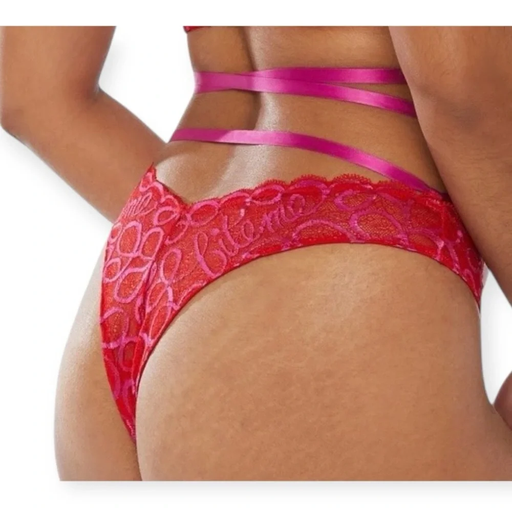 Savage Fenty Ribbon Writing Lace Brazilian Panty Underwear Lingerie Large New